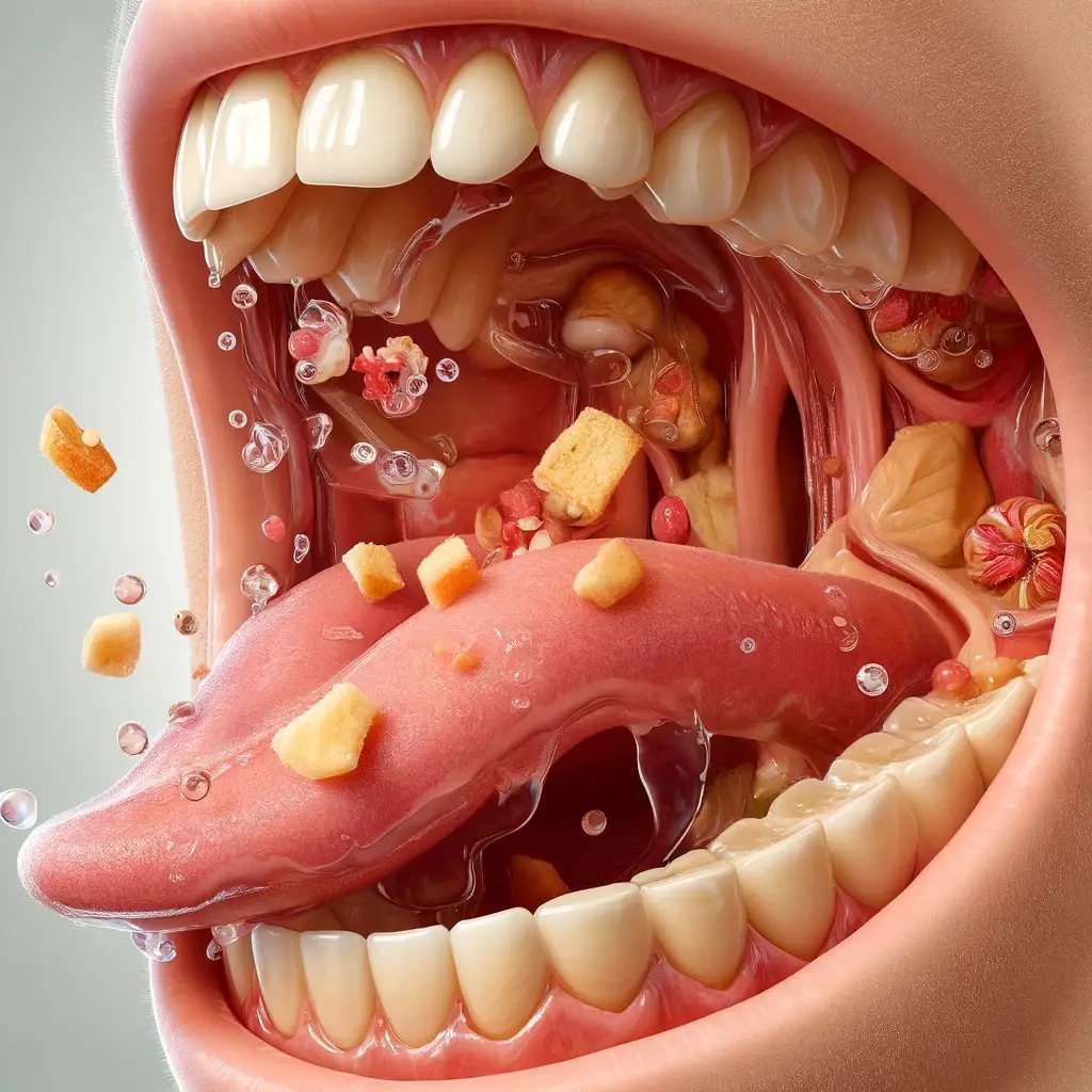 A realistic depiction of saliva in the mouth with food inside bilingual book for kids