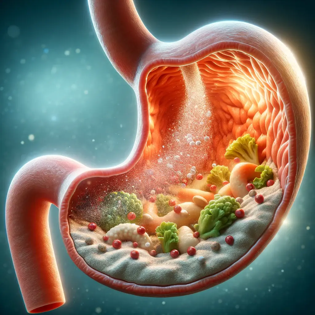 A realistic depiction of food being broken down in stomach acids