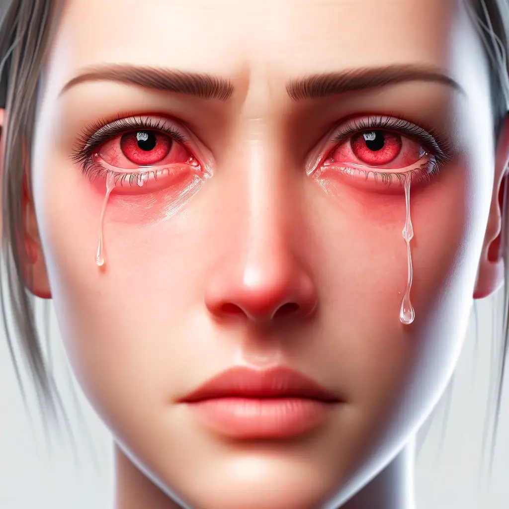 A realistic depiction of an adult with red tearing eyes