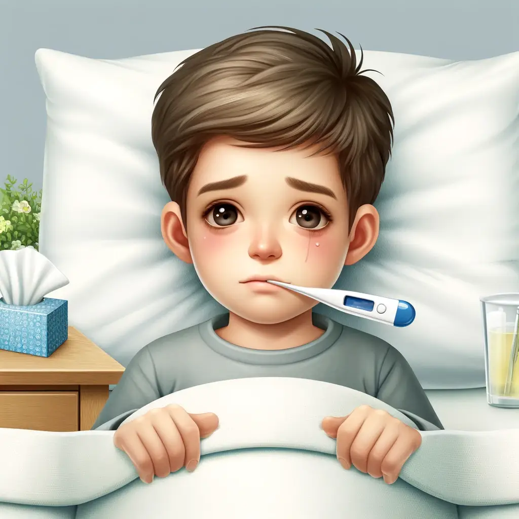 A realistic depiction of a young boy sick in bed bilingual book for kids