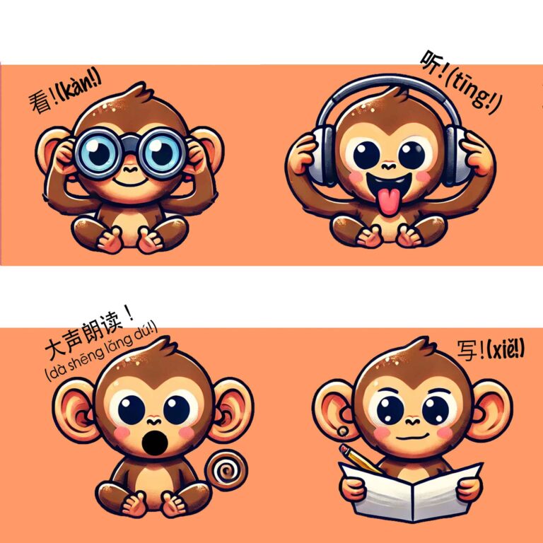 english-mandarin-bilingual-audiobook-image-of-4-monkey-squares